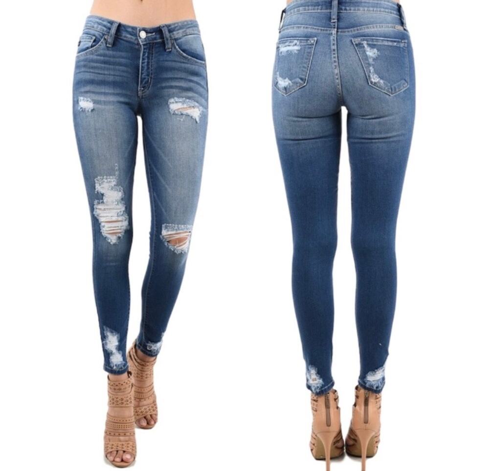 Kancan Destroyed Knee Rip Fray Hem Skinny Jeans Stretchy 28